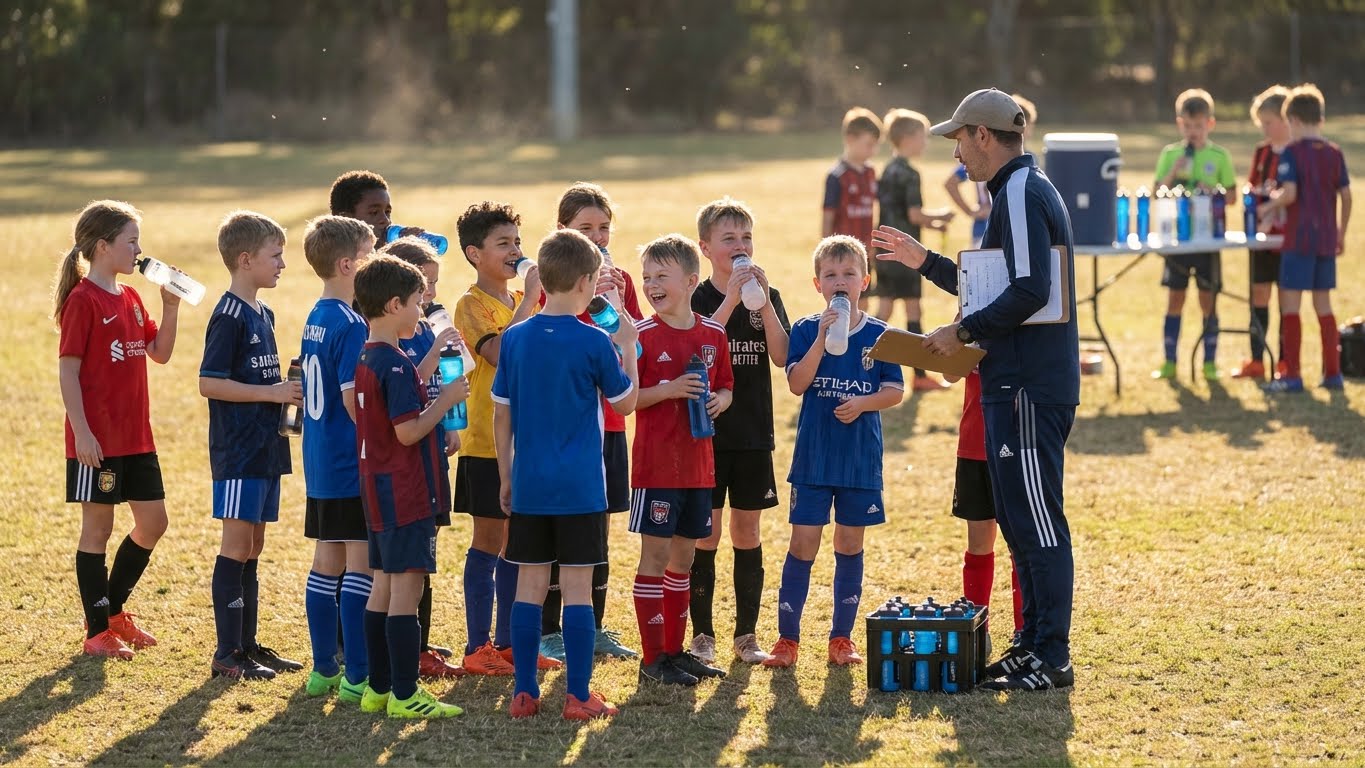 Children in football kits gathered around a coach