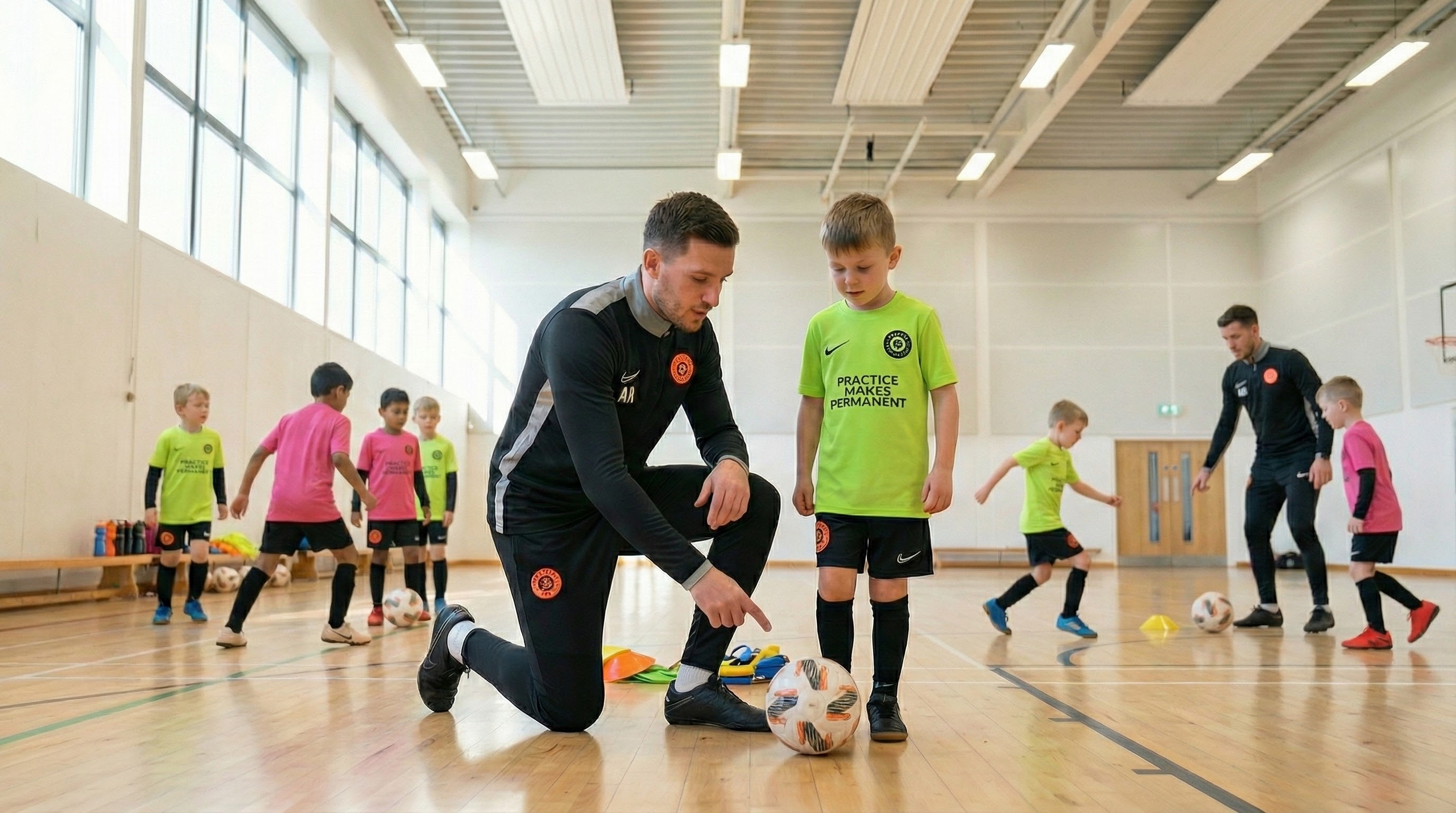 Coach with children at an indoor football session