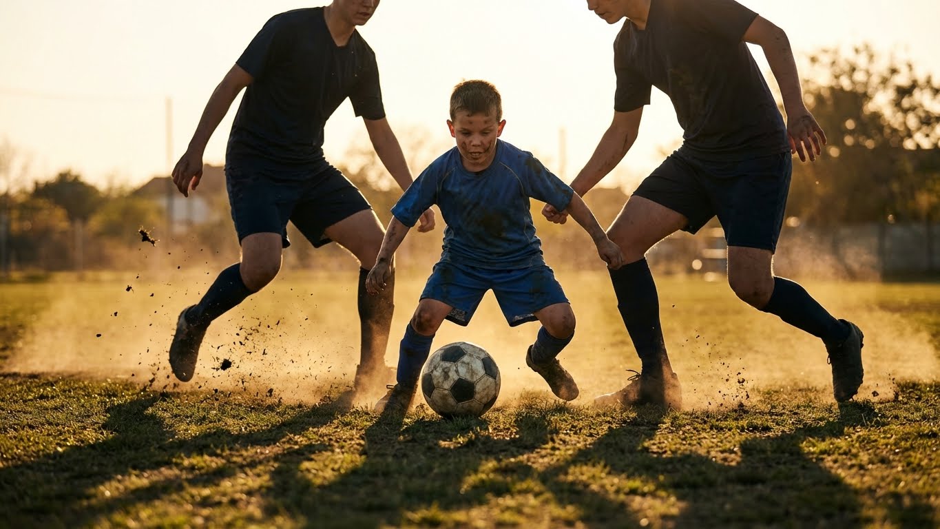 Illustration of a young player dribbling past two opponents