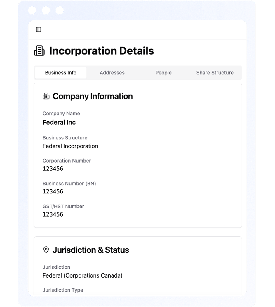 A webpage section titled Incorporation Details showing company information including company name Federal Inc, business structure Federal Incorporation, corporation number 123456, business number 123456, GST/HST number 123456, and jurisdiction Federal (Corporations Canada).
