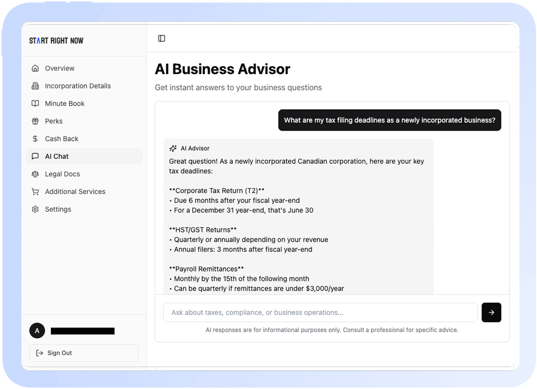 AI Business Advisor interface showing a question about tax filing deadlines for a newly incorporated business and AI providing key Canadian tax deadlines including Corporate Tax Return, HST/GST Returns, and Payroll Remittances.