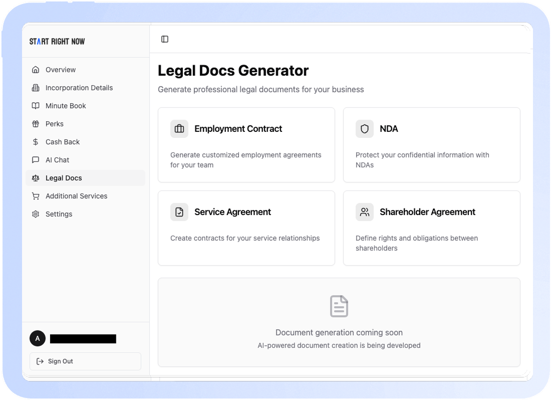 Dashboard titled Legal Docs Generator showing options to create Employment Contract, NDA, Service Agreement, and Shareholder Agreement, with a note about upcoming AI-powered document generation.