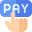Hand icon tapping a blue button with the word 'PAY'.