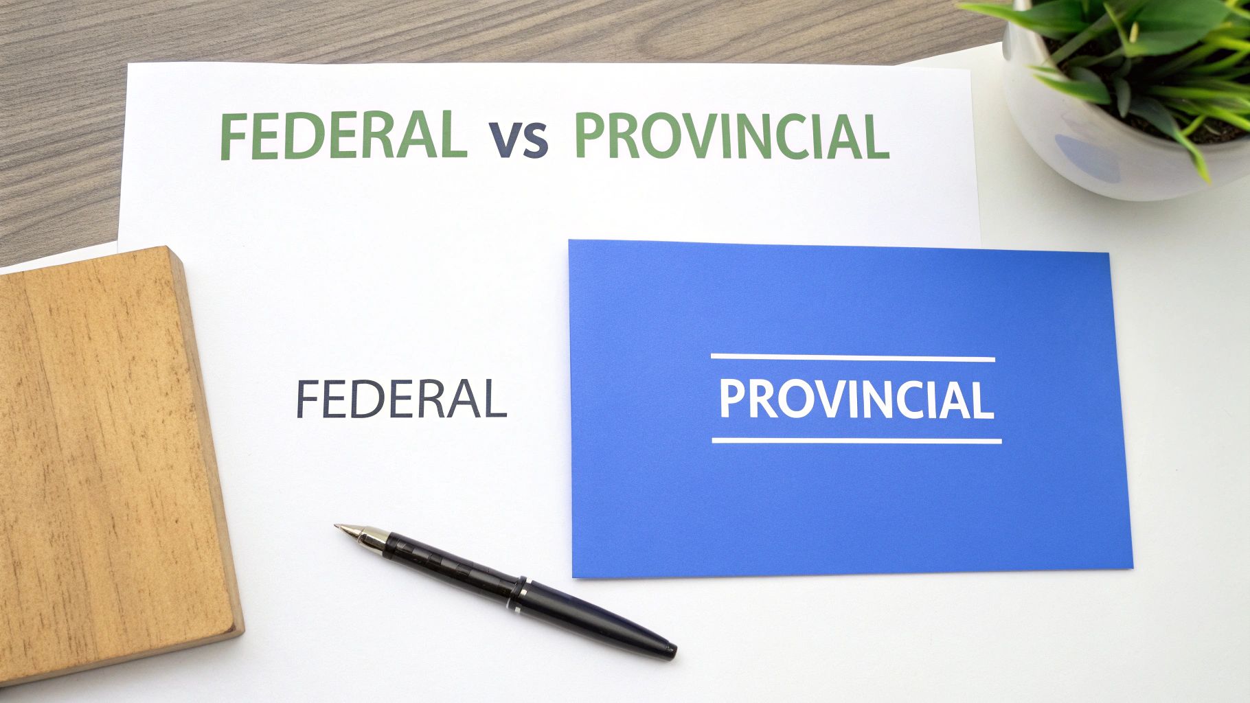 A person pointing to a map of Canada on a digital screen, signifying choice.