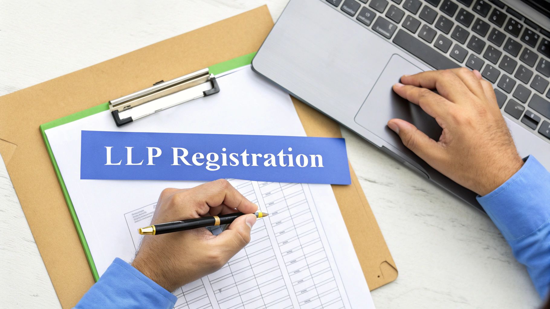 A professional signing documents at a desk, symbolizing the final step of registration.