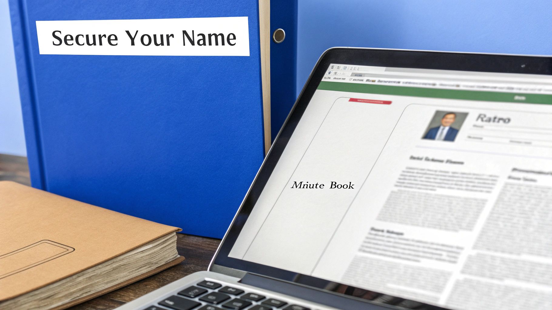 A person signing official documents at a desk, representing the legal finalization of a business name and corporate records.