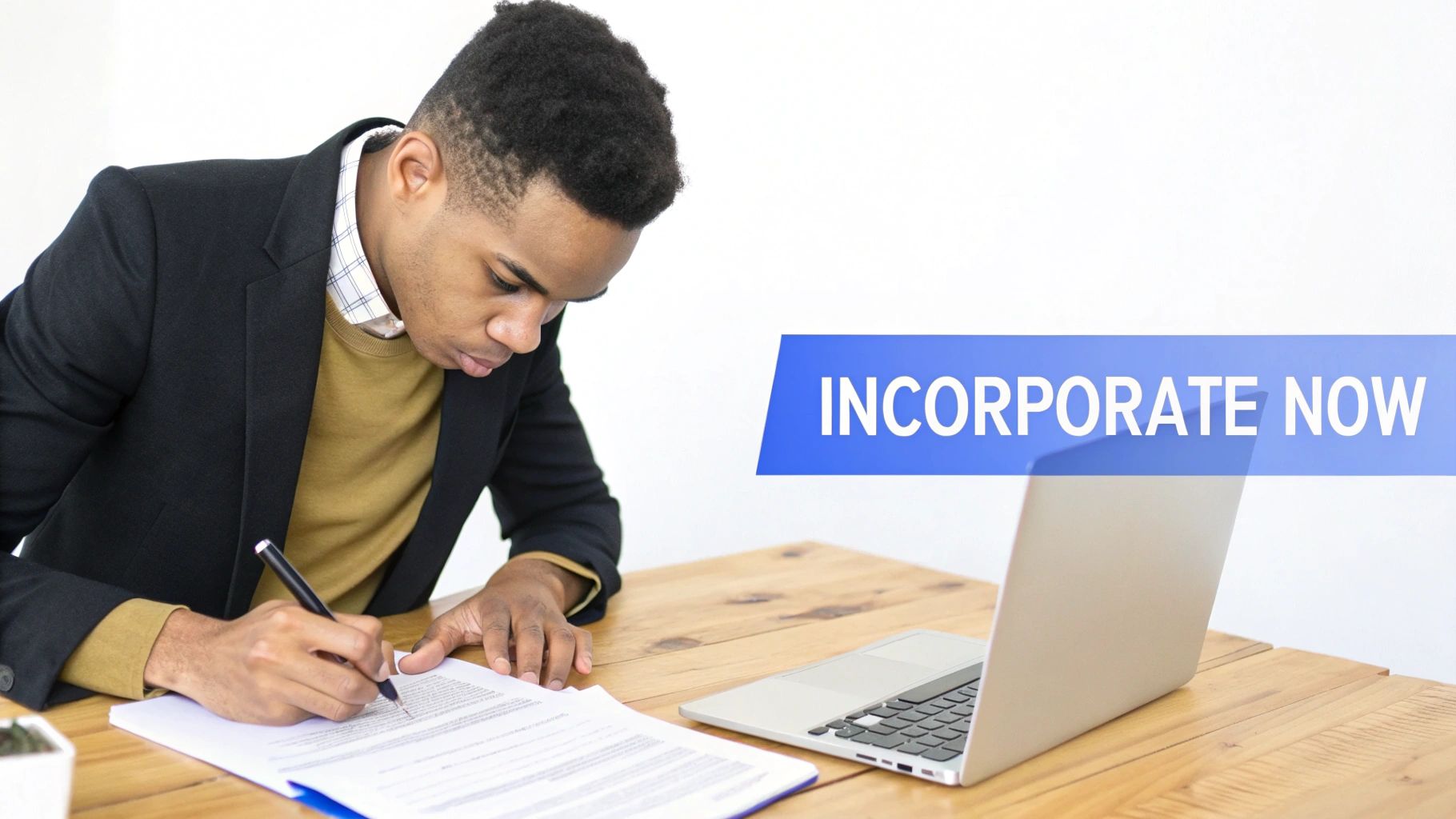 A group of diverse entrepreneurs collaborating on laptops at a modern office table, symbolizing business registration and growth.