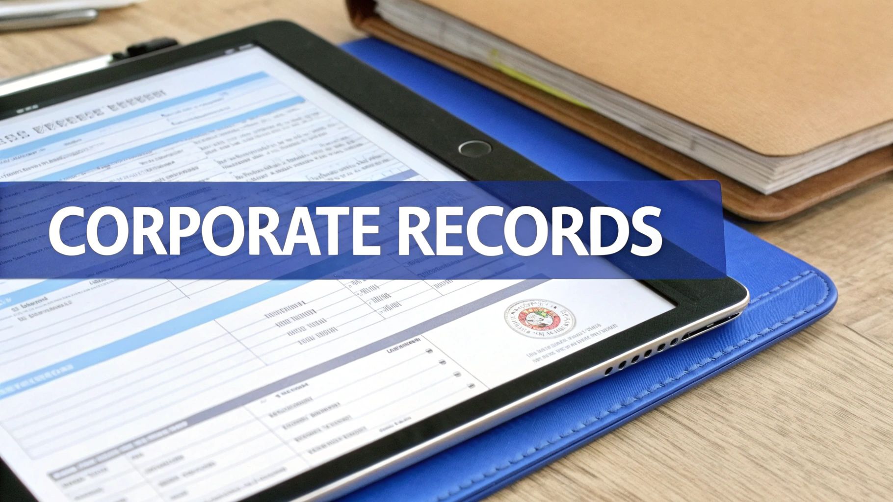 A close-up of a professionally organized digital minute book on a tablet, displaying shareholder certificates and bylaws.