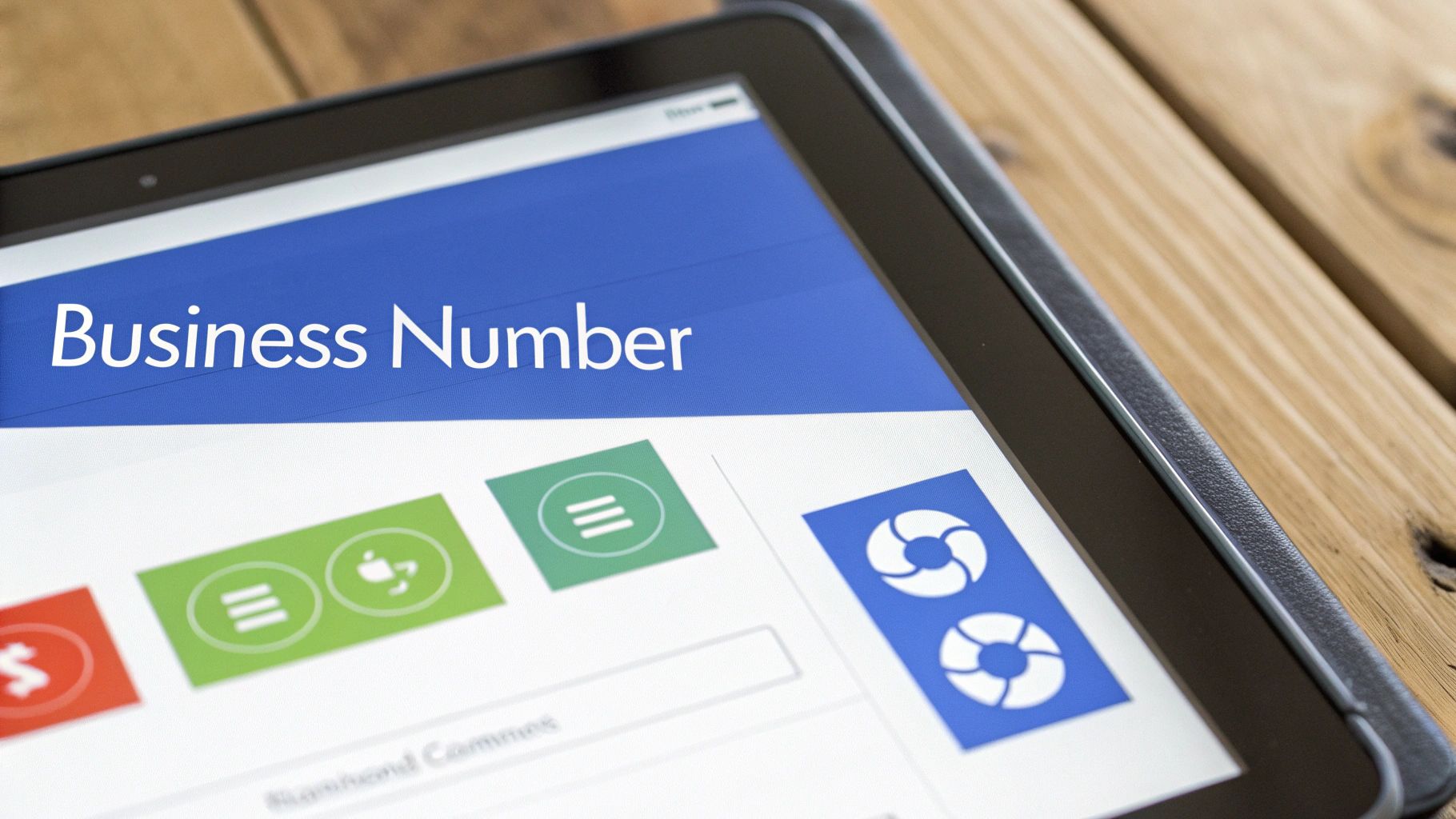 A business owner at a desk confidently reviewing official tax documents on a tablet, with a clean and modern office background.