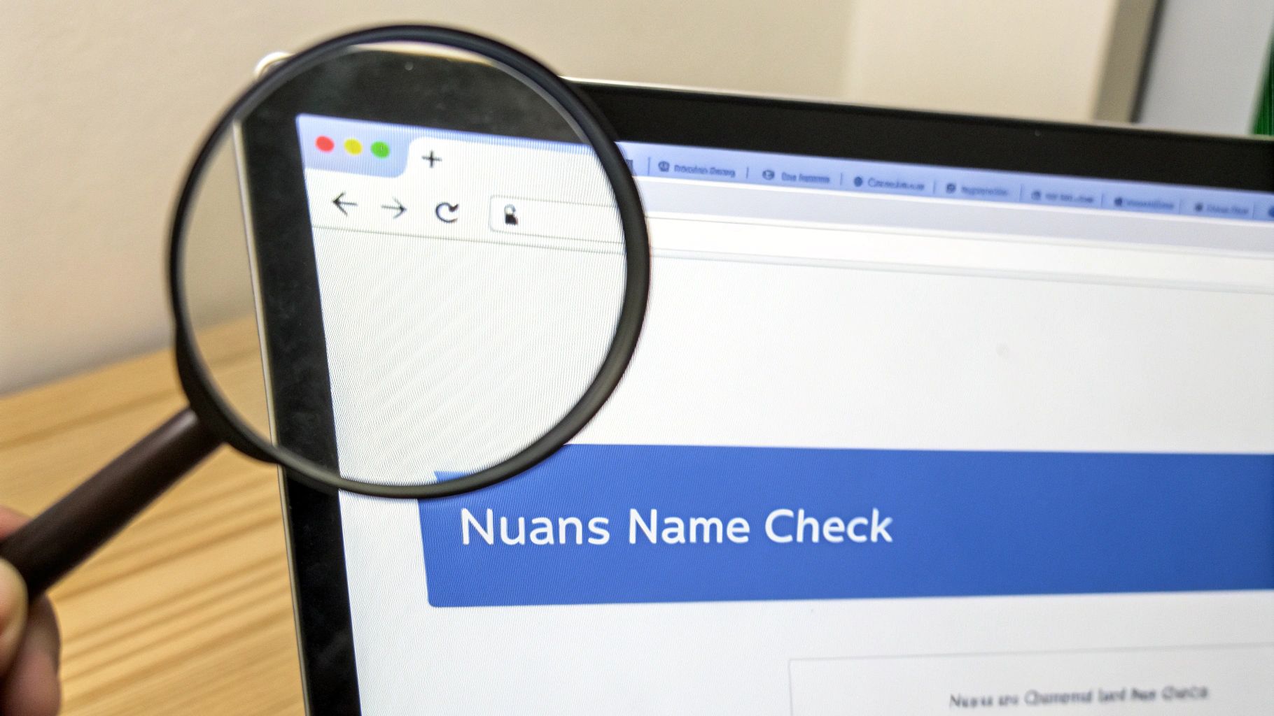 A magnifying glass hovering over business documents on a desk, representing a detailed name search.