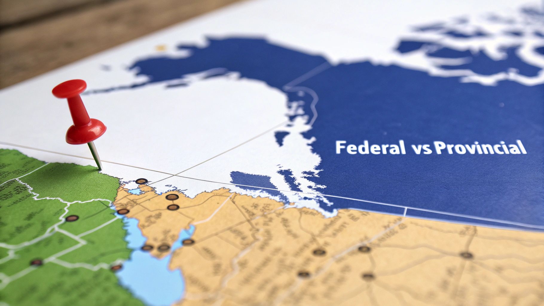 A compass on a map of Canada, symbolizing the choice between federal and provincial business incorporation.