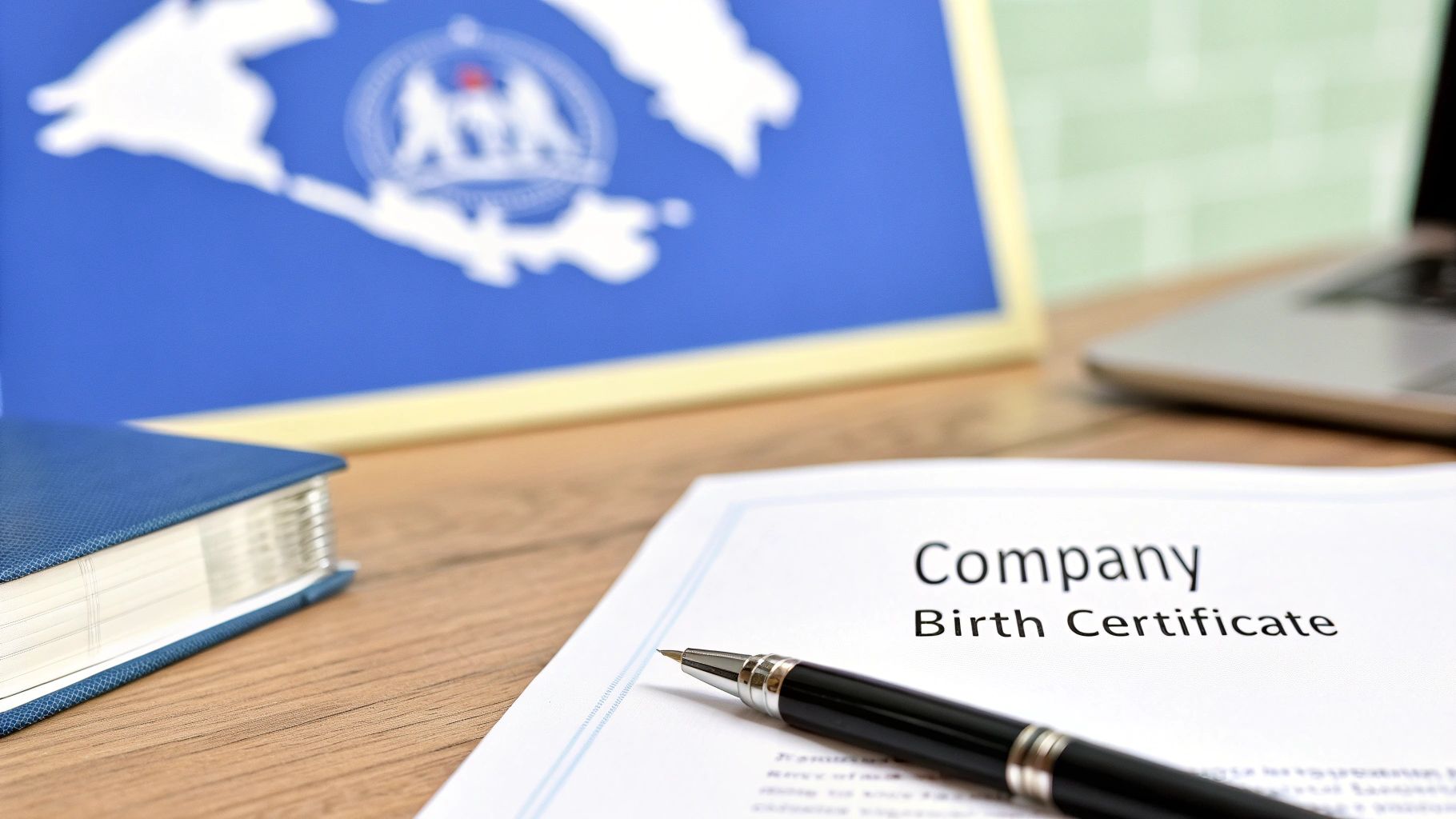 An entrepreneur reviewing official business documents on a laptop, representing the process of filing Articles of Incorporation.