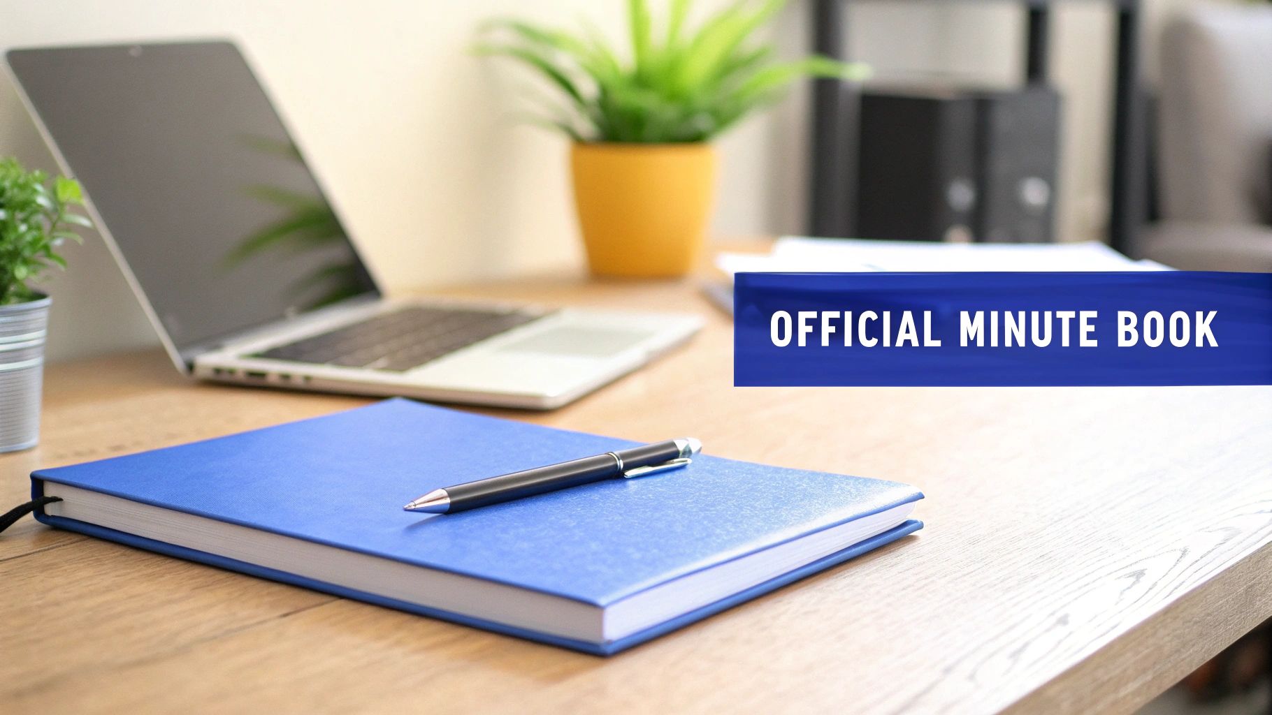 A professional checking a corporate minute book in a modern office, representing corporate governance and compliance.