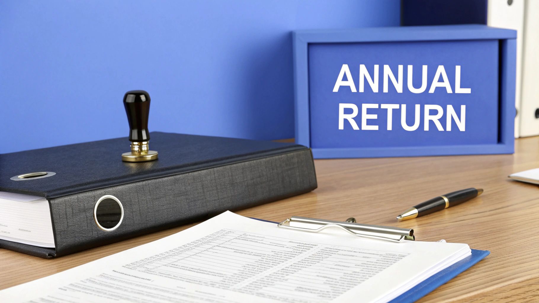 A person sitting at a desk and reviewing documents, symbolizing the process of filing an annual return in Alberta.