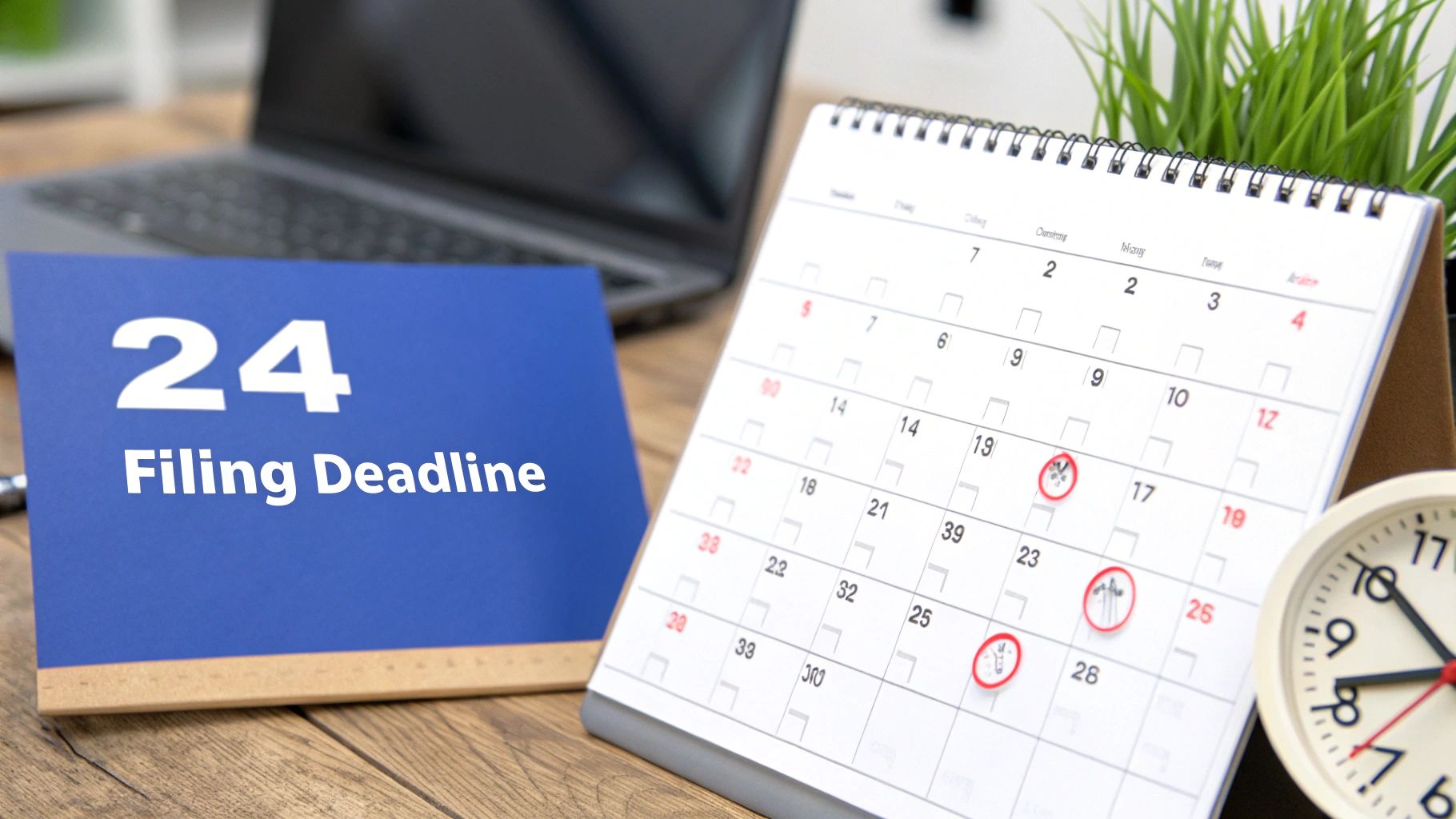 A calendar with a date circled, emphasizing the importance of meeting deadlines for an annual return.