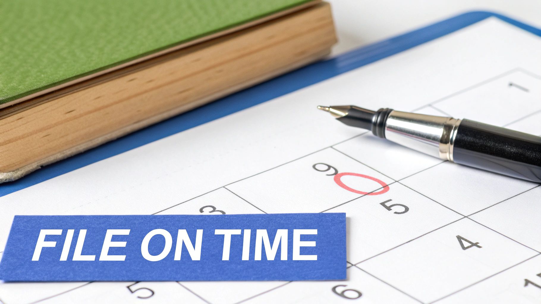 A calendar and a calculator on a desk, symbolizing deadlines and fees for business compliance.
