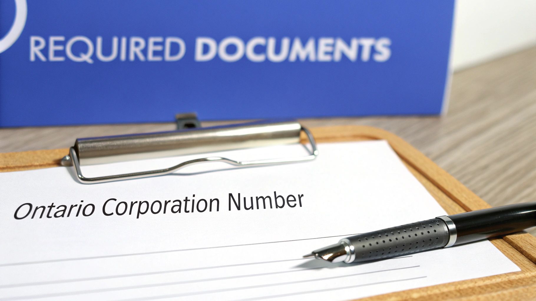 A person gathering documents at a desk, preparing for a business filing, with checklist icons overlaid.