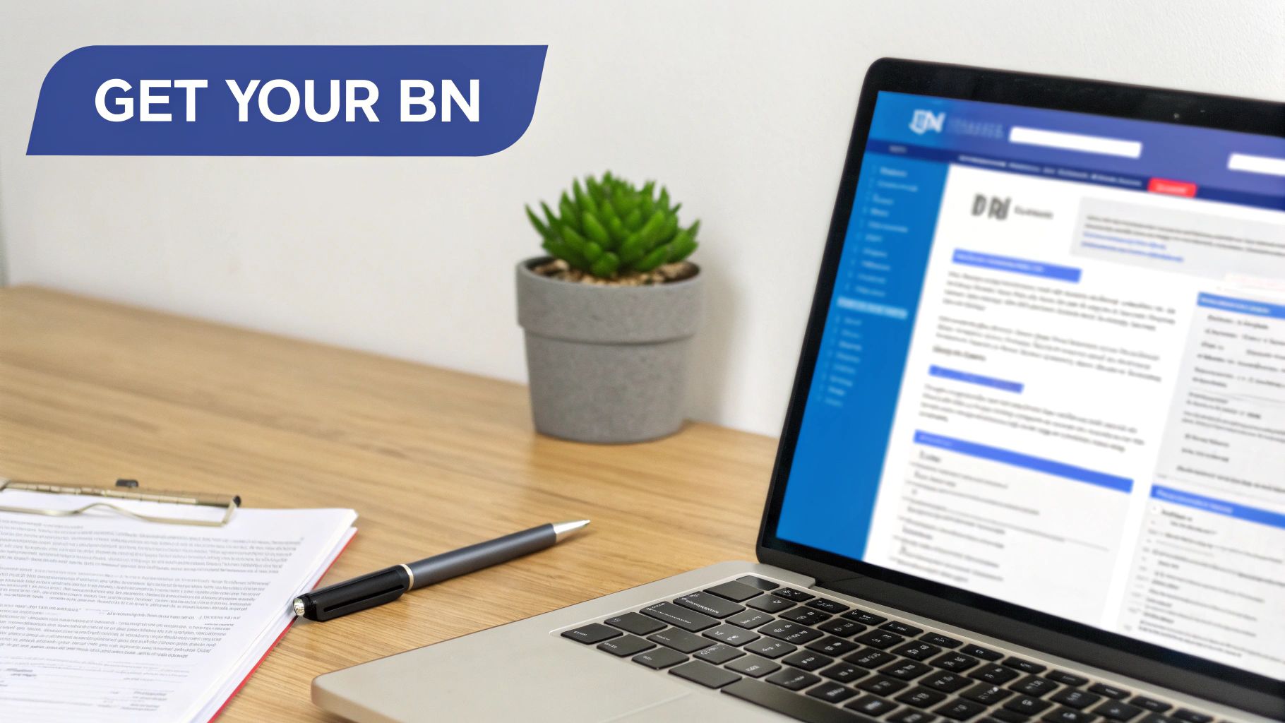 A professional woman working on a laptop in a modern office, representing a Canadian entrepreneur setting up their business.