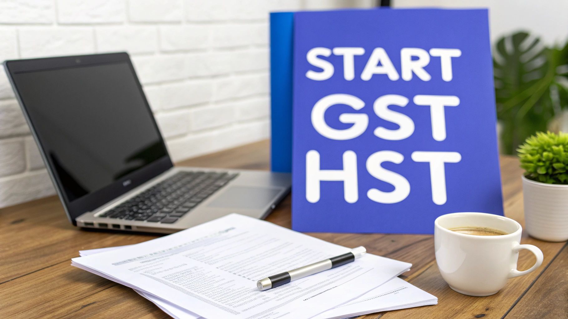 A person working on a laptop with a calculator and documents, representing the process of filing a GST HST tax return.