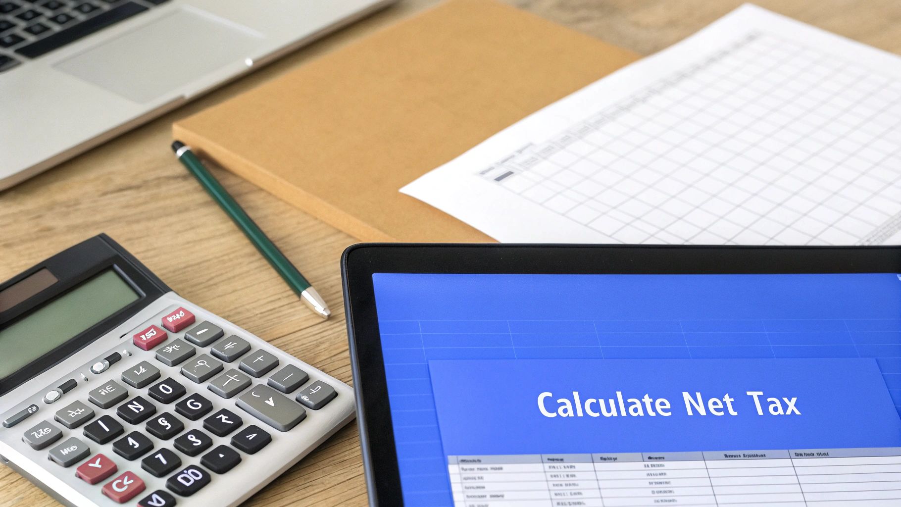 A calculator and a pen resting on financial documents, illustrating the calculation of a GST HST tax return.