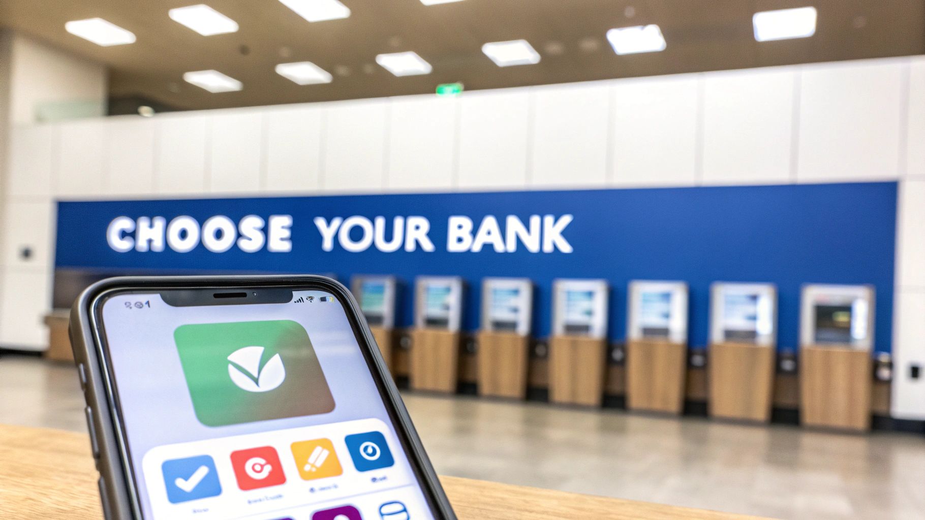 A modern bank interior with a customer speaking to a teller across a clean, minimalist counter.