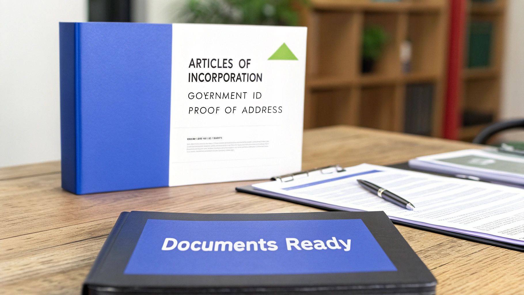 A person organizes documents and a laptop on a desk, preparing for a bank appointment.