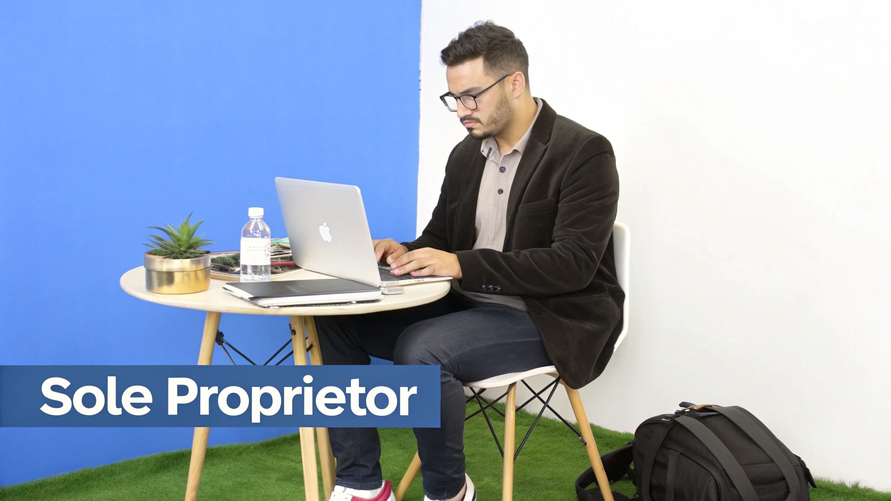 A person working on a laptop at a desk with a plant