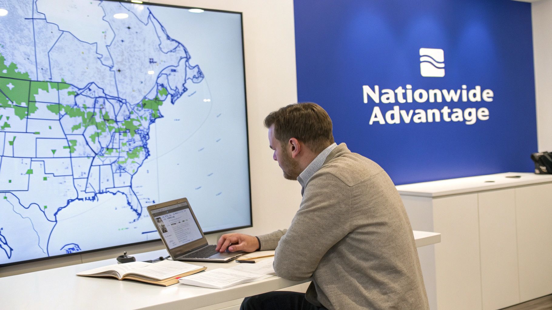Business professional analyzing nationwide branch locations on digital map display at Nationwide Advantage office