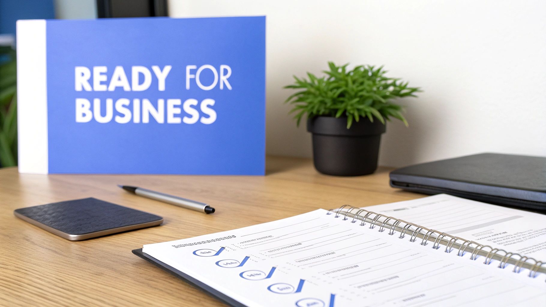 Business desk with ready for business sign, checklist documents, smartphone and office supplies