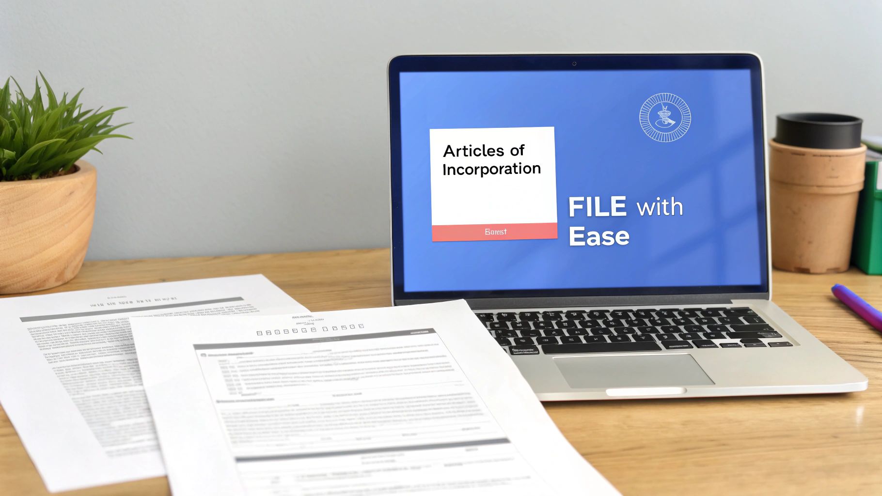 Laptop displaying Articles of Incorporation filing software with documents and coffee on desk