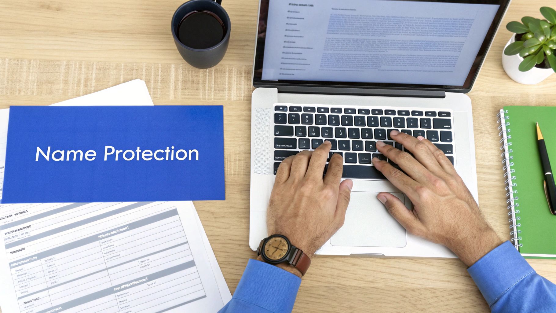 Person typing on laptop with name protection document and coffee on wooden desk