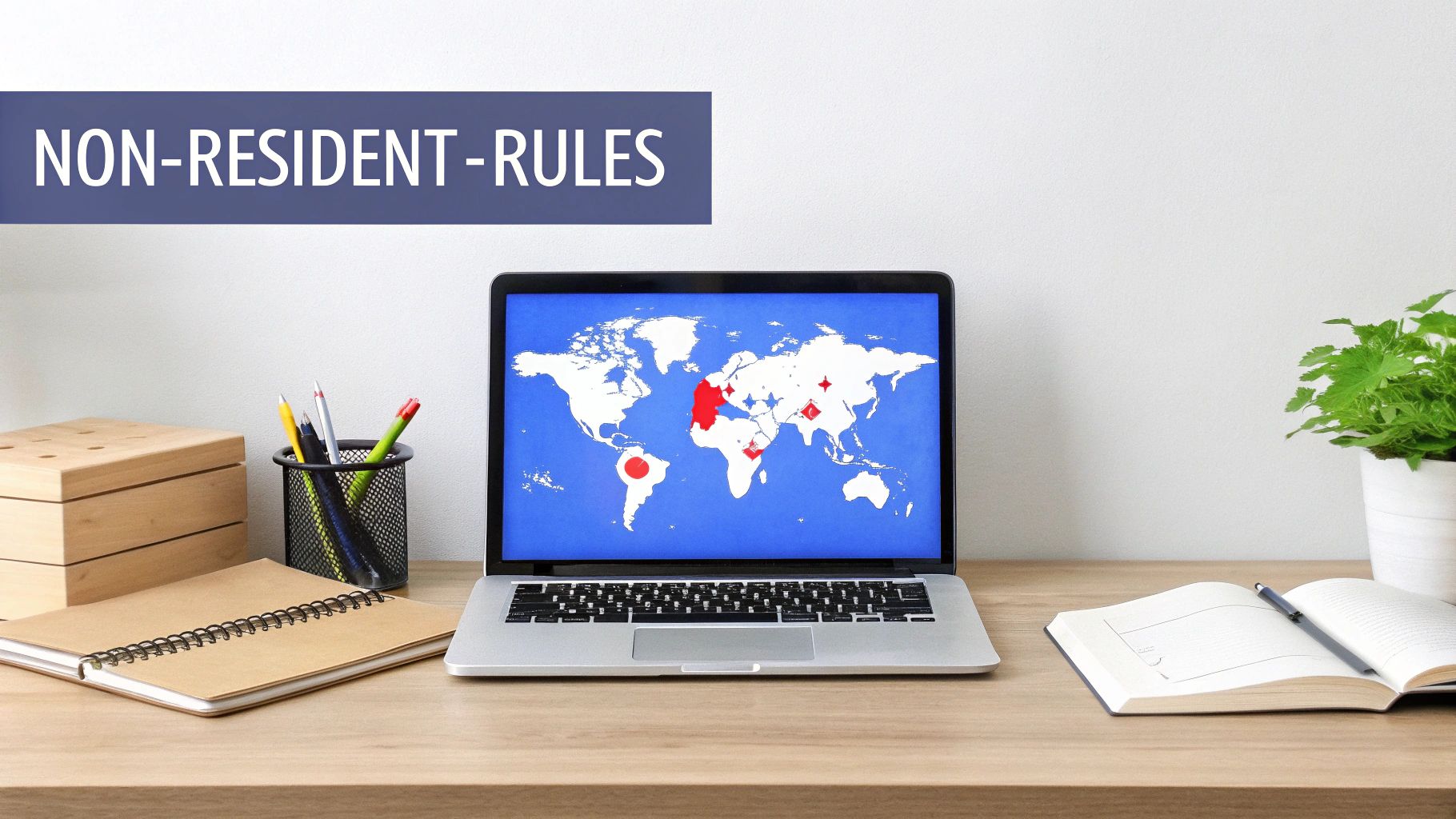 Laptop displaying world map with international locations for non-resident tax rules on organized desk