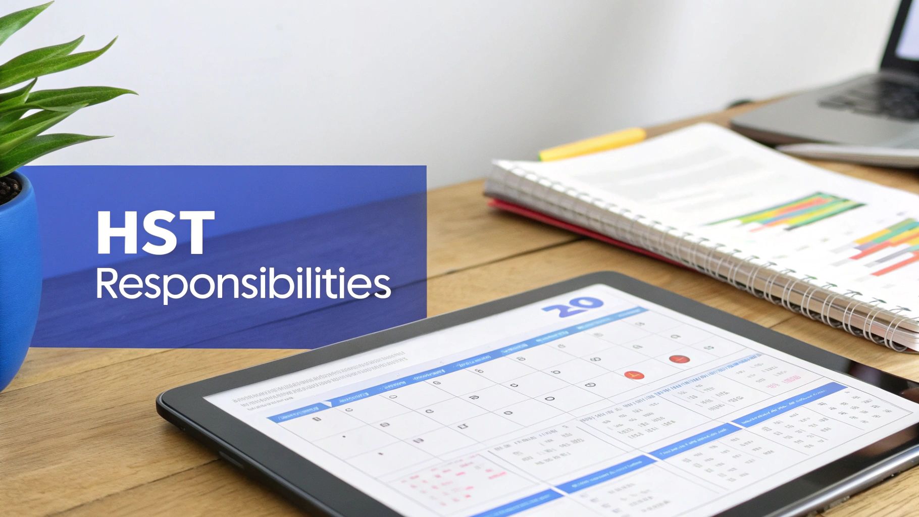 Digital tablet displaying calendar on wooden desk with notebooks representing HST tax responsibilities and planning
