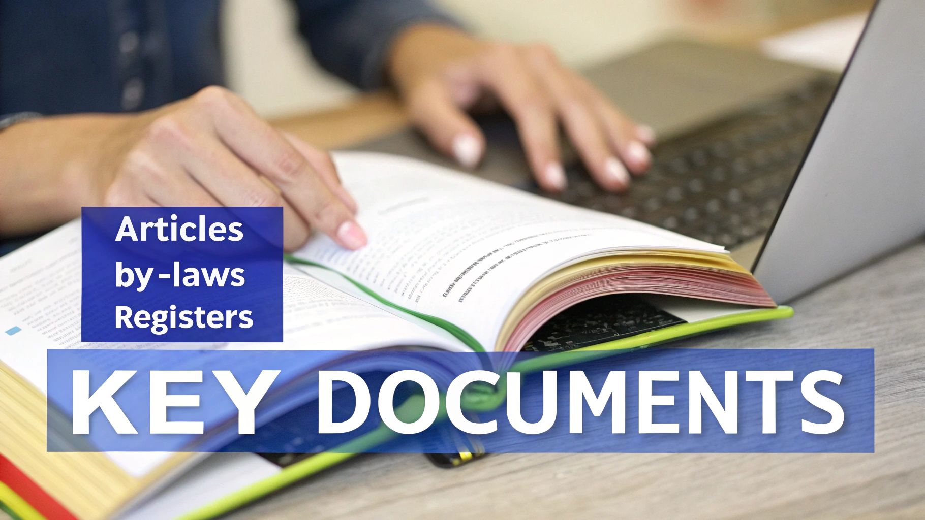 Person reviewing key corporate documents including articles, bylaws and registers with laptop on desk