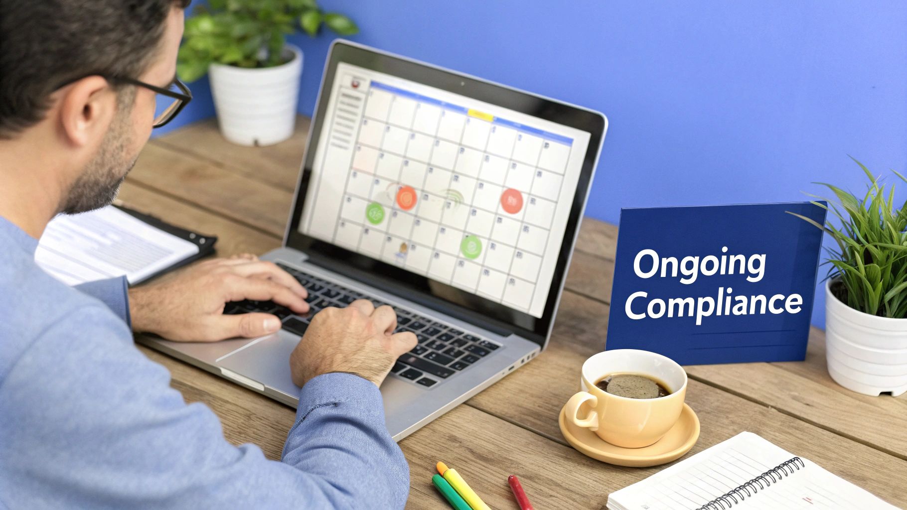 Business professional reviewing compliance calendar on laptop with color-coded deadlines and reminders