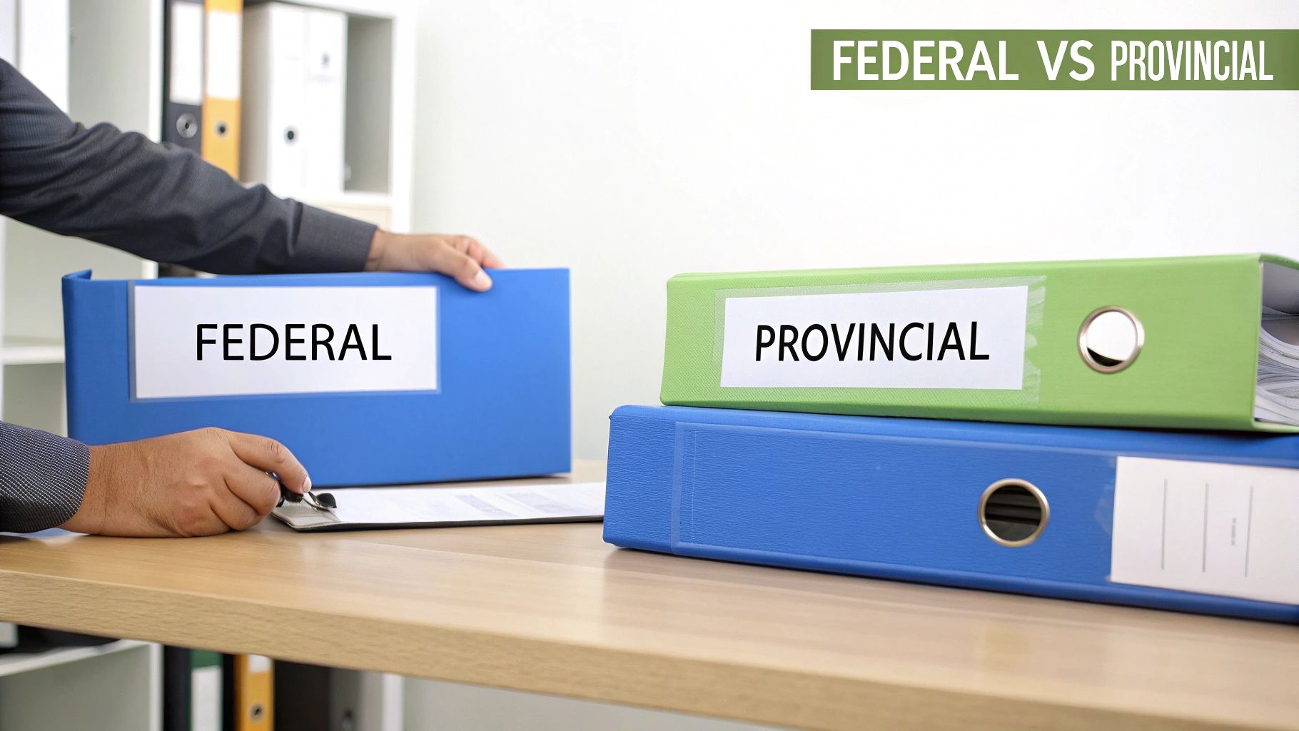 Business person comparing federal and provincial incorporation options with color coded binders on desk