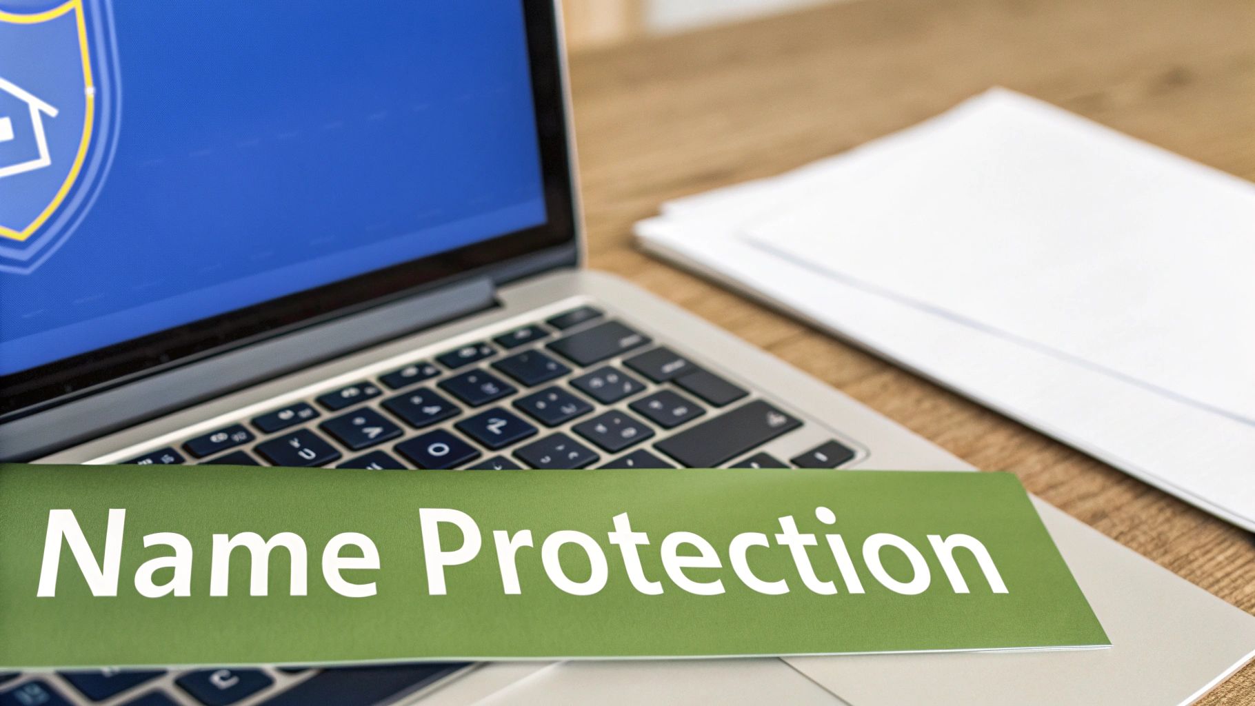 Laptop displaying business incorporation information with name protection text overlay on wooden desk