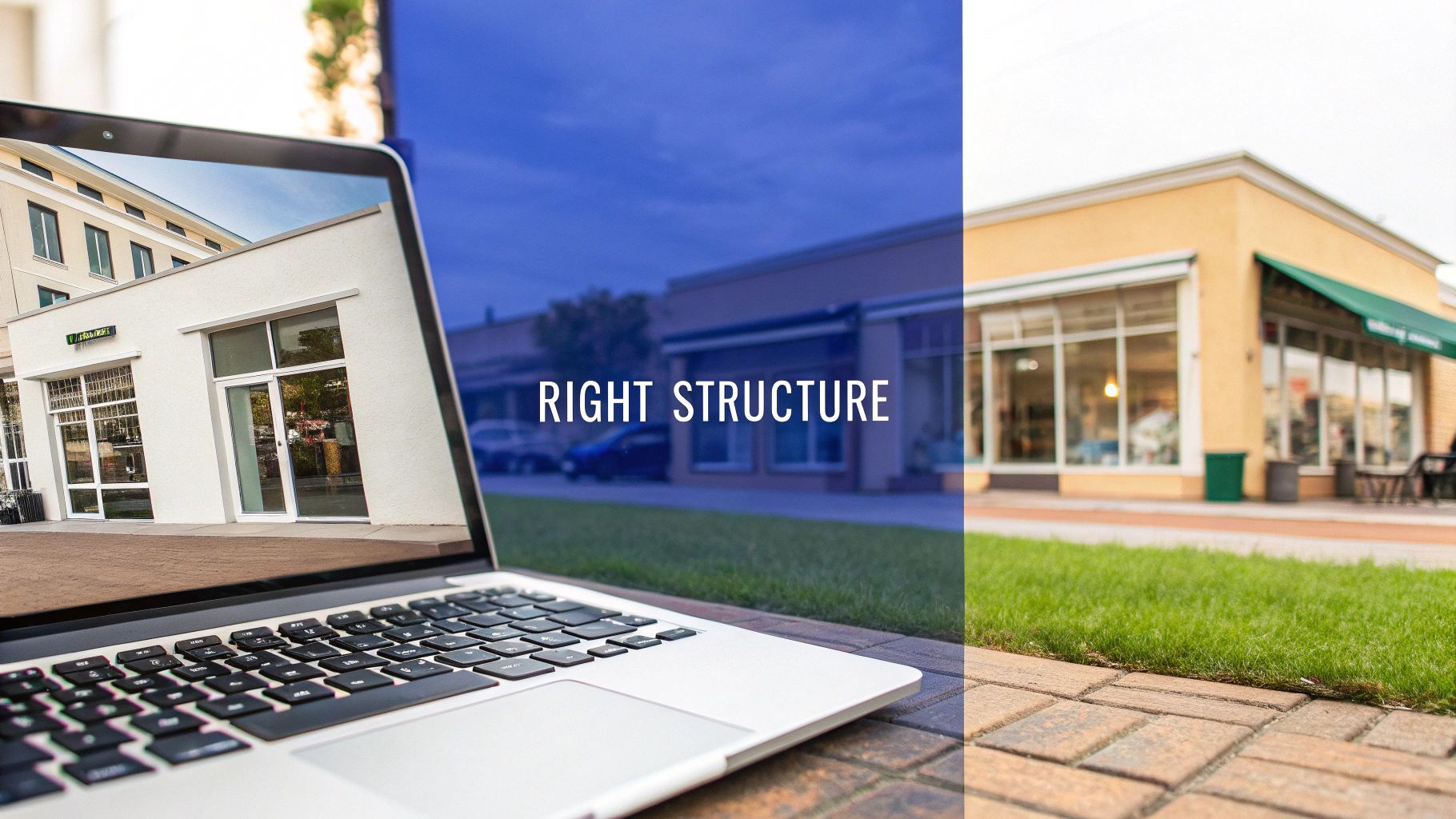 Laptop displaying commercial storefront next to actual retail building representing business structure decisions
