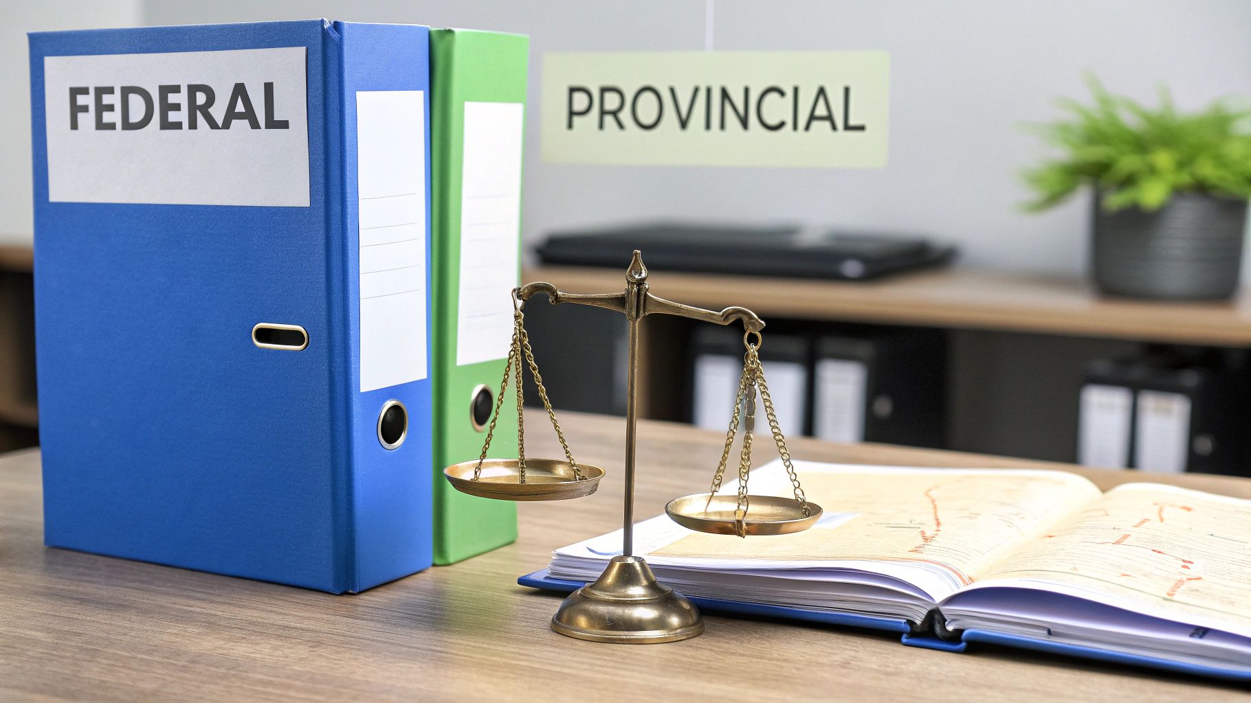 Binders labeled 'FEDERAL' and 'PROVINCIAL' on a desk with scales of justice and an open law book.