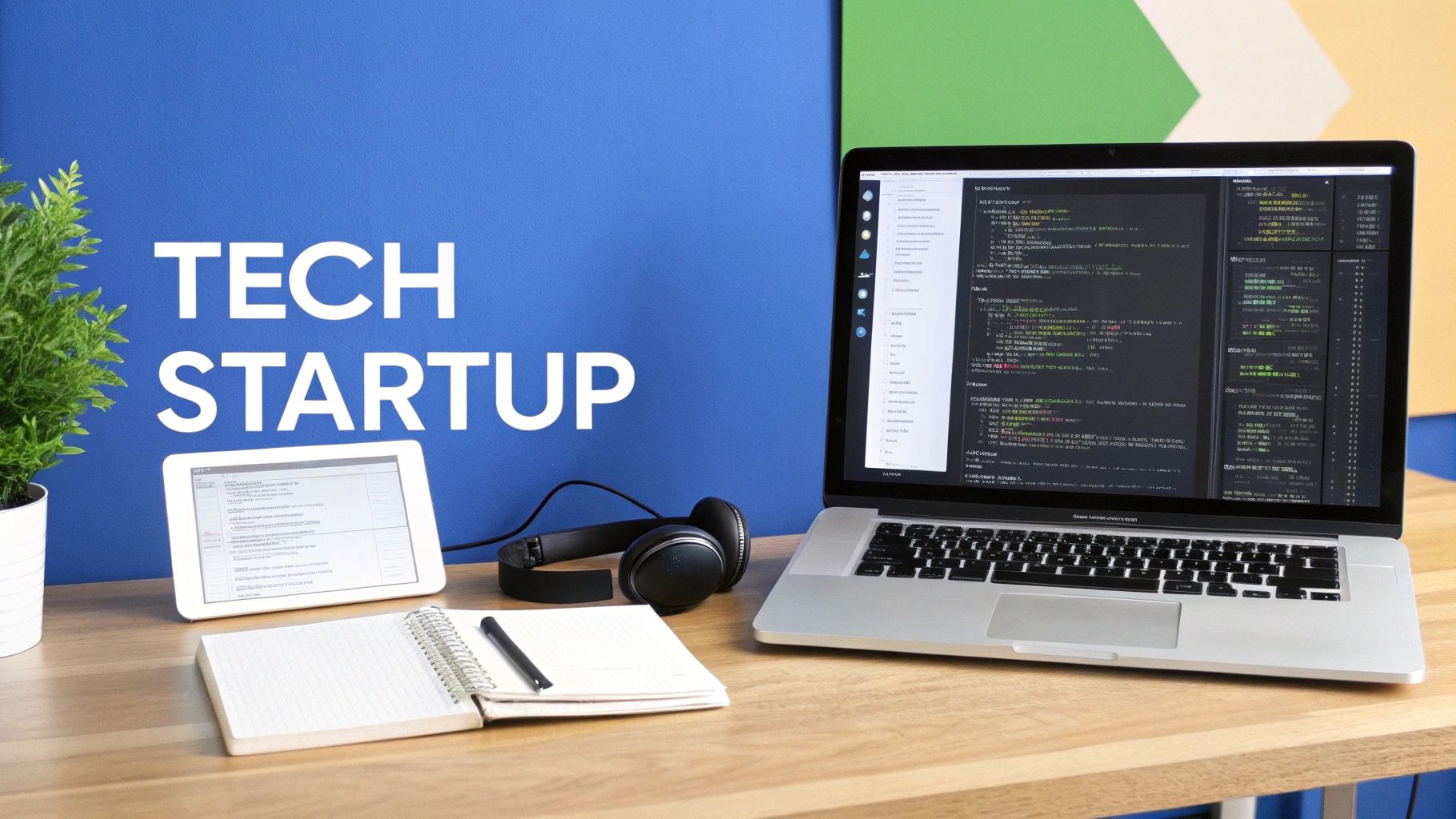A modern tech startup workspace featuring a laptop with code, a tablet, headphones, and a notebook.
