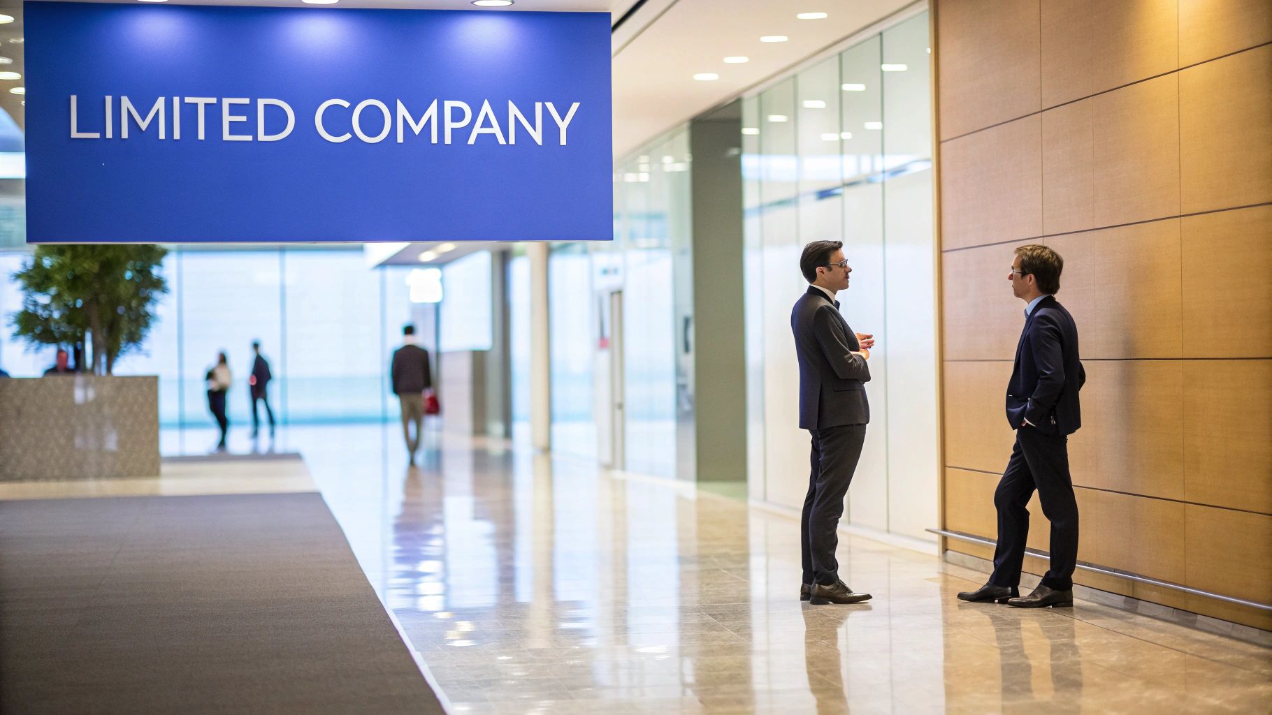 Two professional men in suits conversing in a modern office lobby with a 'LIMITED COMPANY' sign.