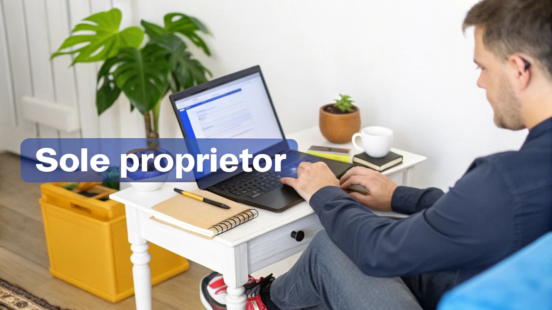Man working on a laptop at a home office desk, with 'Sole proprietor' text overlaid.