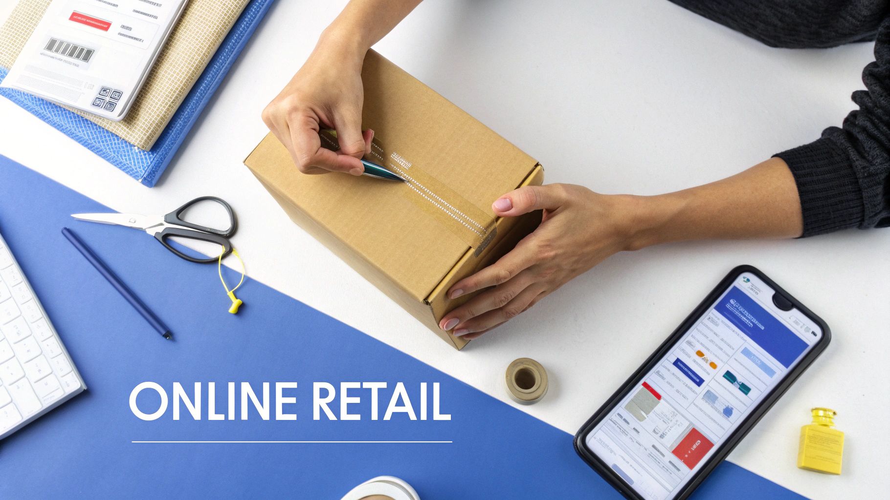 Top-down view of hands packaging a cardboard box for online retail, with a smartphone and office supplies.