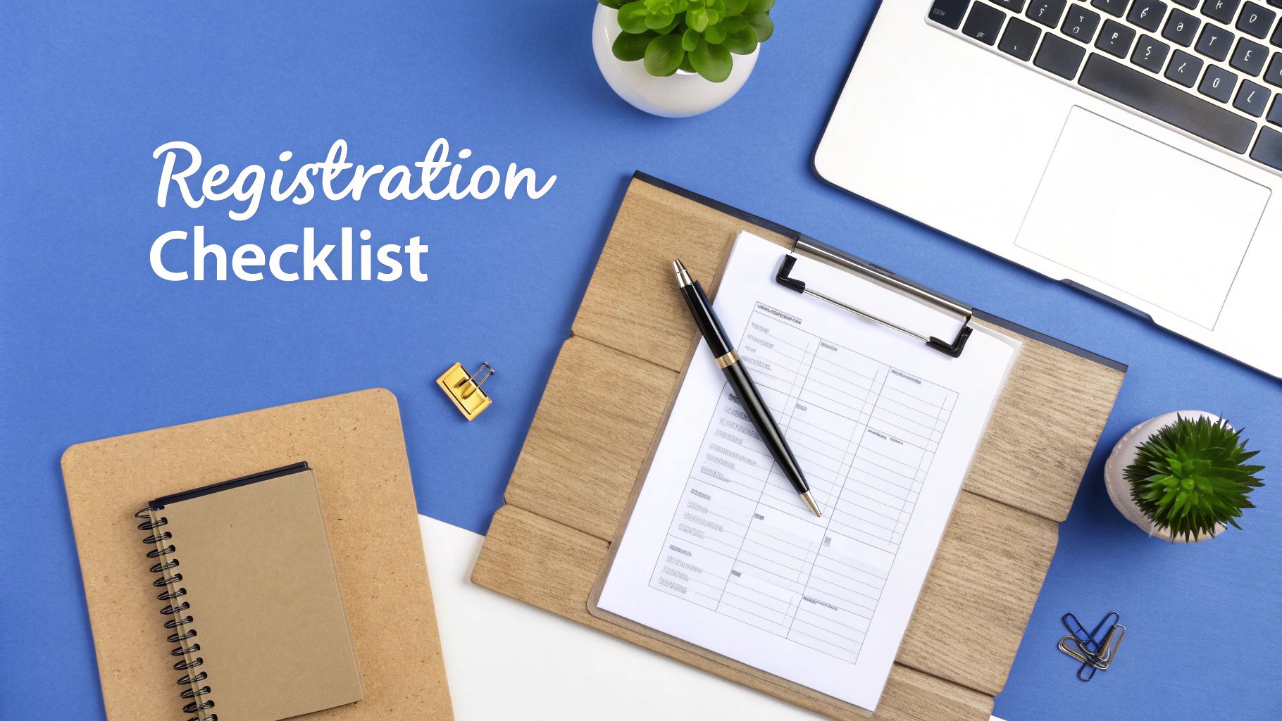 A top-down view of a blue and white desk with 'Registration Checklist' text, a clipboard, laptop, and stationery.