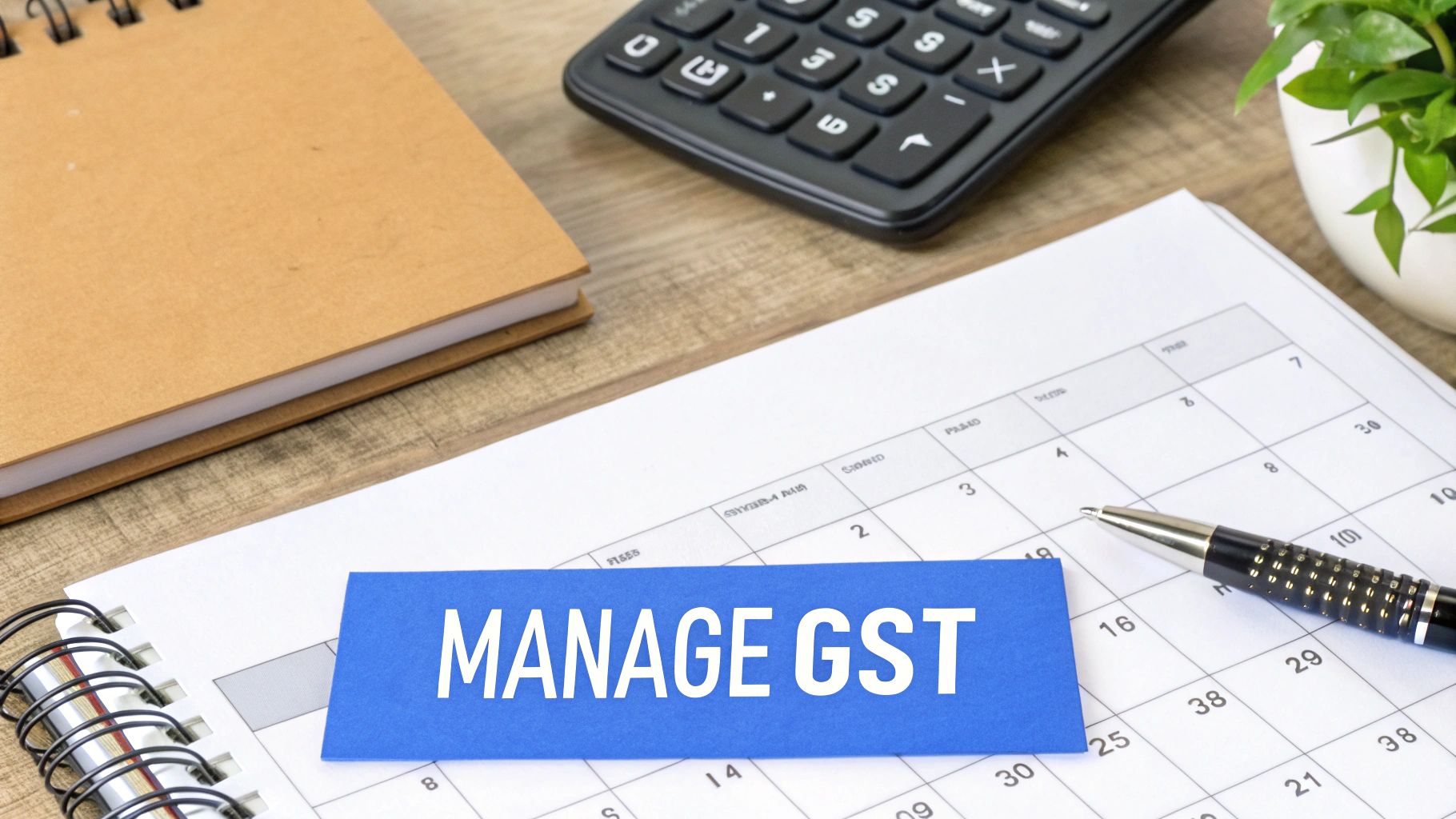A desk with a calculator, notebook, and a calendar, featuring a blue note that says 'MANAGE GST'.