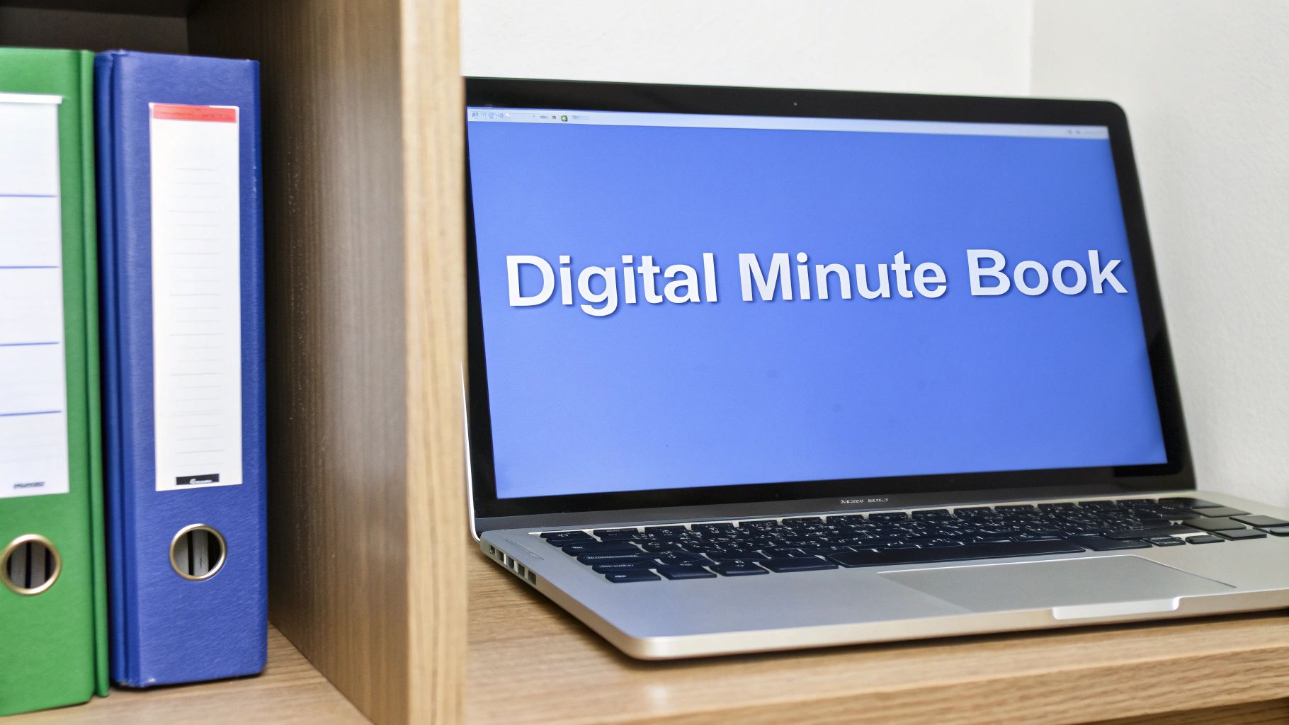 A laptop screen displays 'Digital Minute Book' next to traditional binders on a wooden shelf.