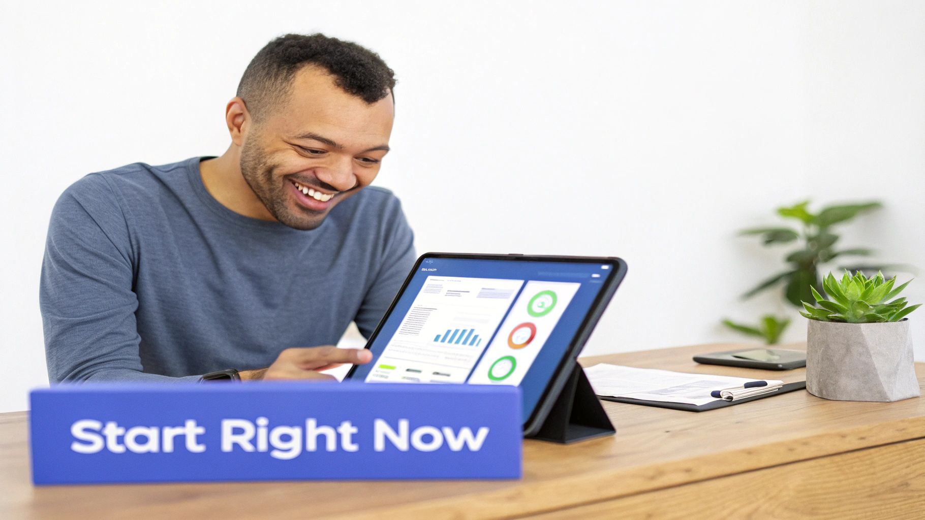 A smiling man engages with data charts on a tablet, with a 'Start Right Now' sign.