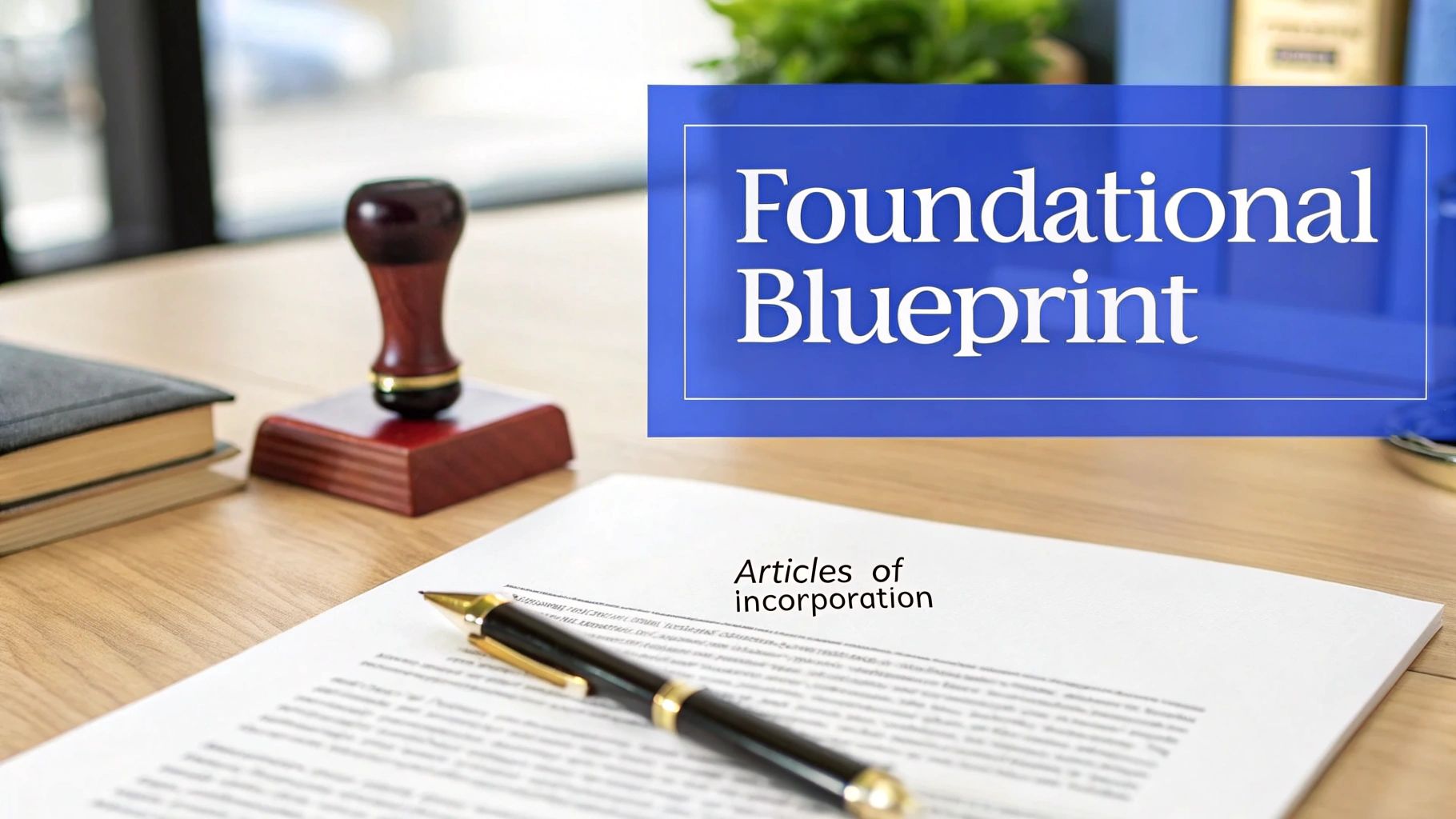 A desk with an 'Articles of incorporation' document, pen, stamp, and books, highlighting 'Foundational Blueprint'.