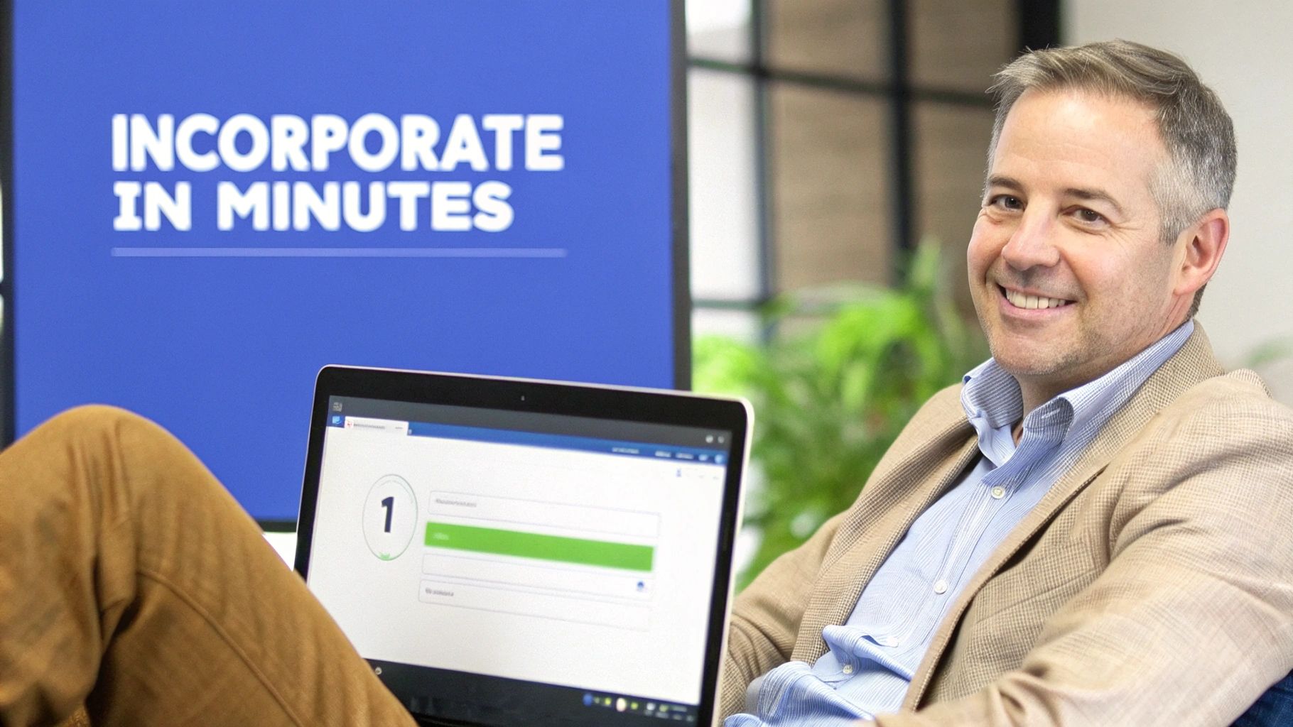 Smiling man next to a laptop displaying a progress bar, with a sign 'INCORPORATE IN MINUTES' in the background.