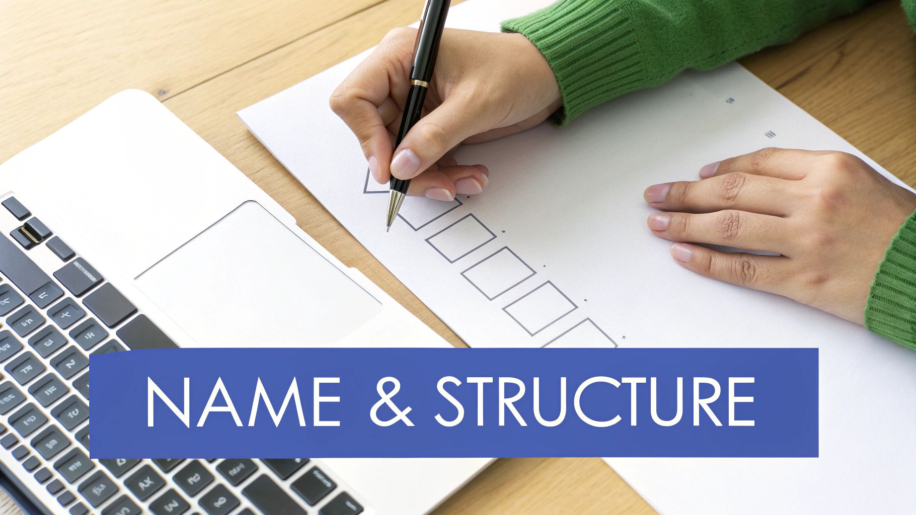 Person's hands with a pen checking boxes on a document, with a laptop and 'NAME & STRUCTURE' banner.